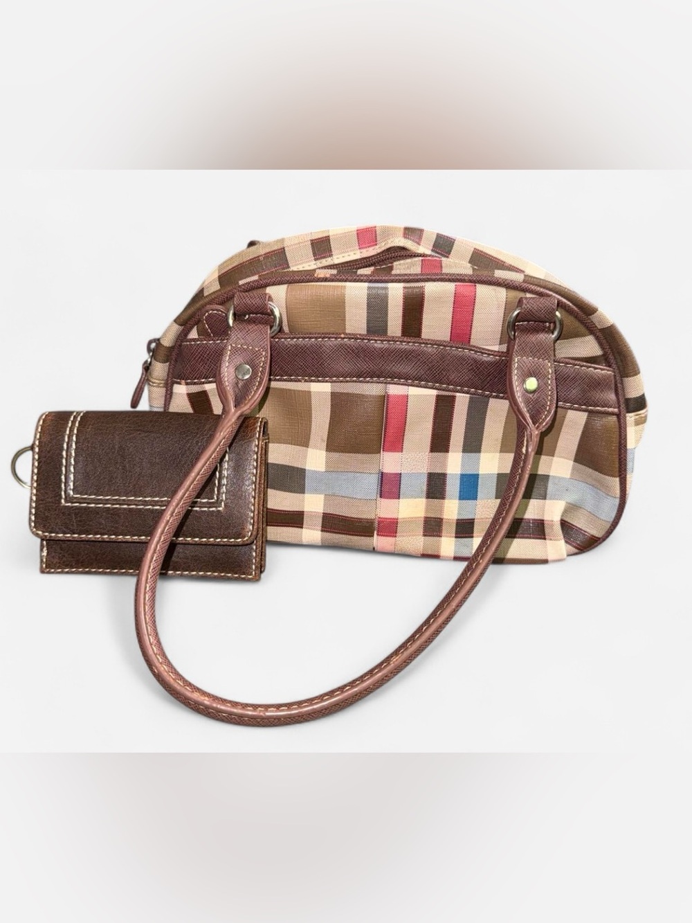Plaid leather shoulder bag with leather wallet